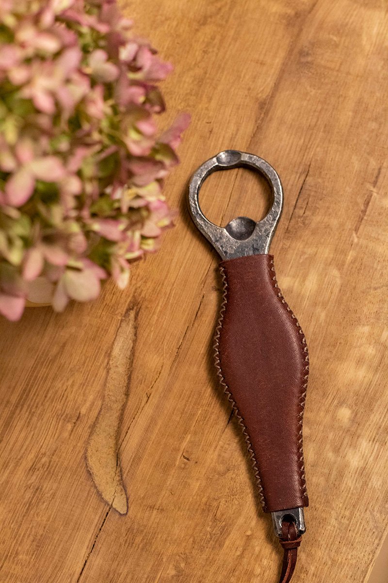 Bottle opener with colorful hand-stitched leather handle - Image 6