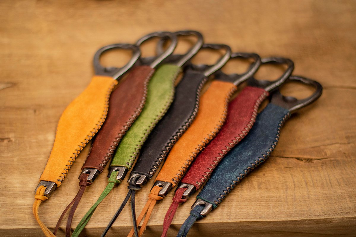Bottle opener with colorful hand-stitched leather handle - Image 3