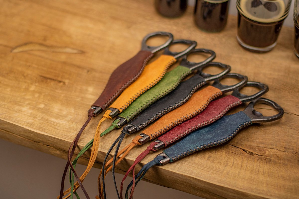 Bottle opener with colorful hand-stitched leather handle - Image 4