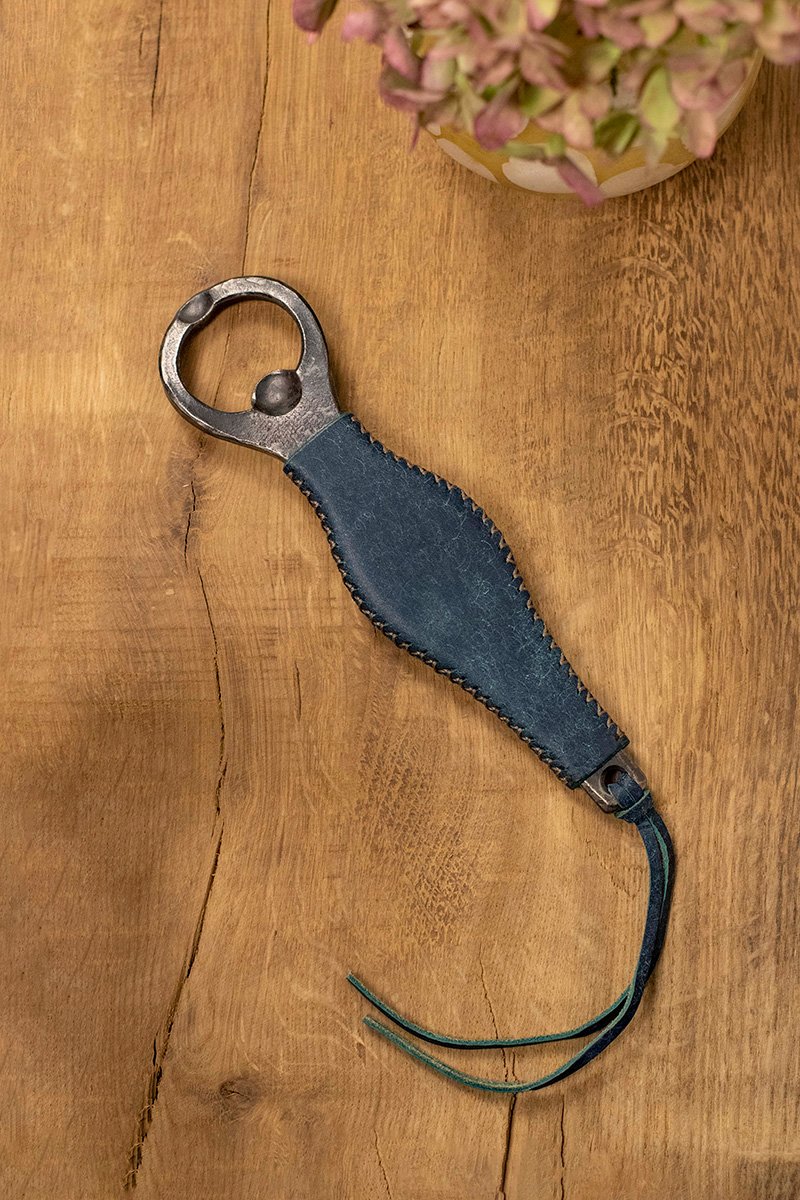 Bottle opener with colorful hand-stitched leather handle - Image 5